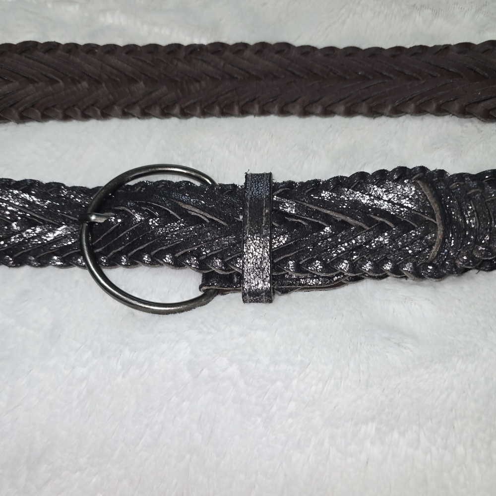 Vintage Metallic Black Braided Belt with Round Buckle Womens